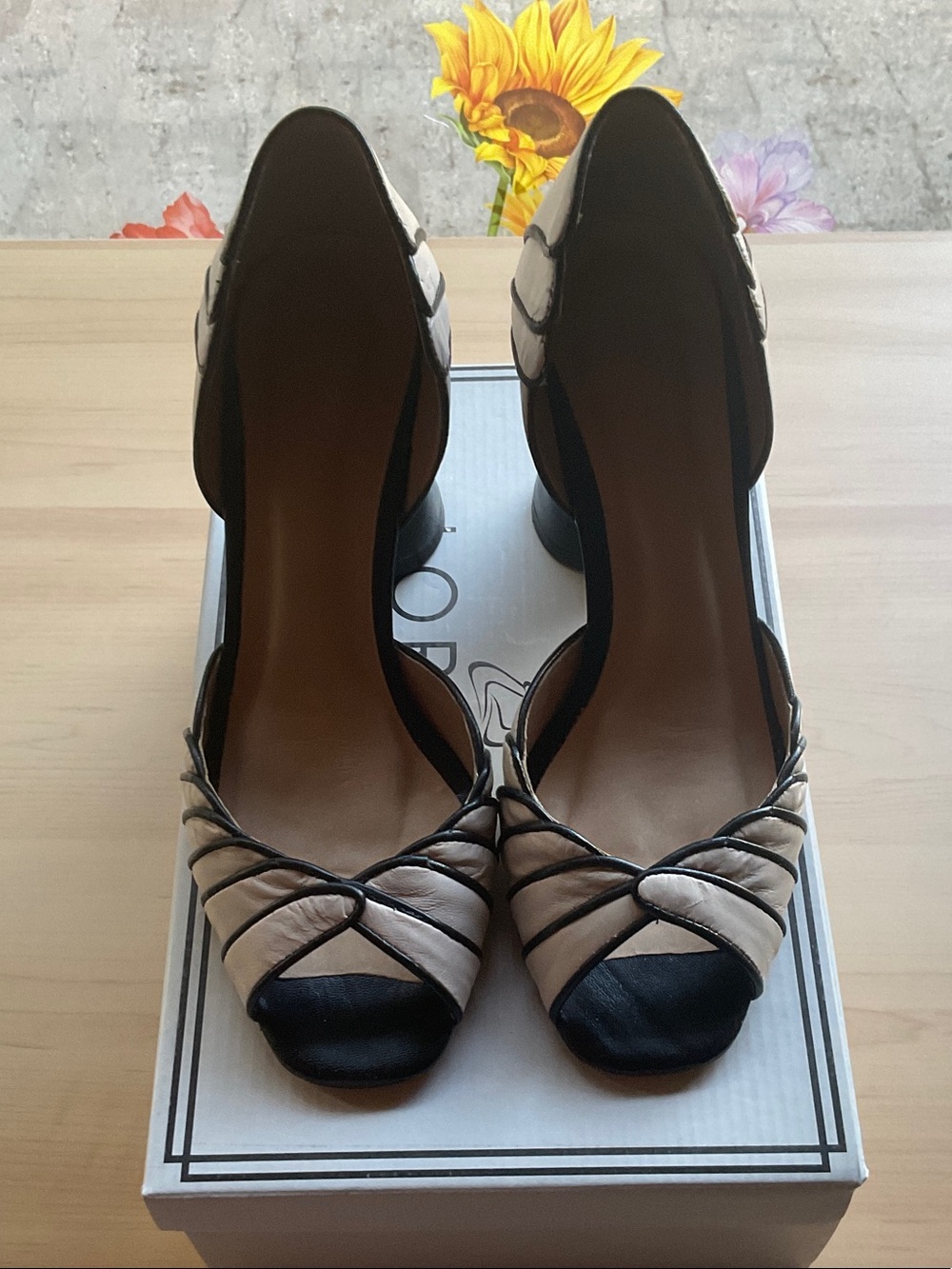 Lorraine Cream and Black Open-Toe Twist Heels